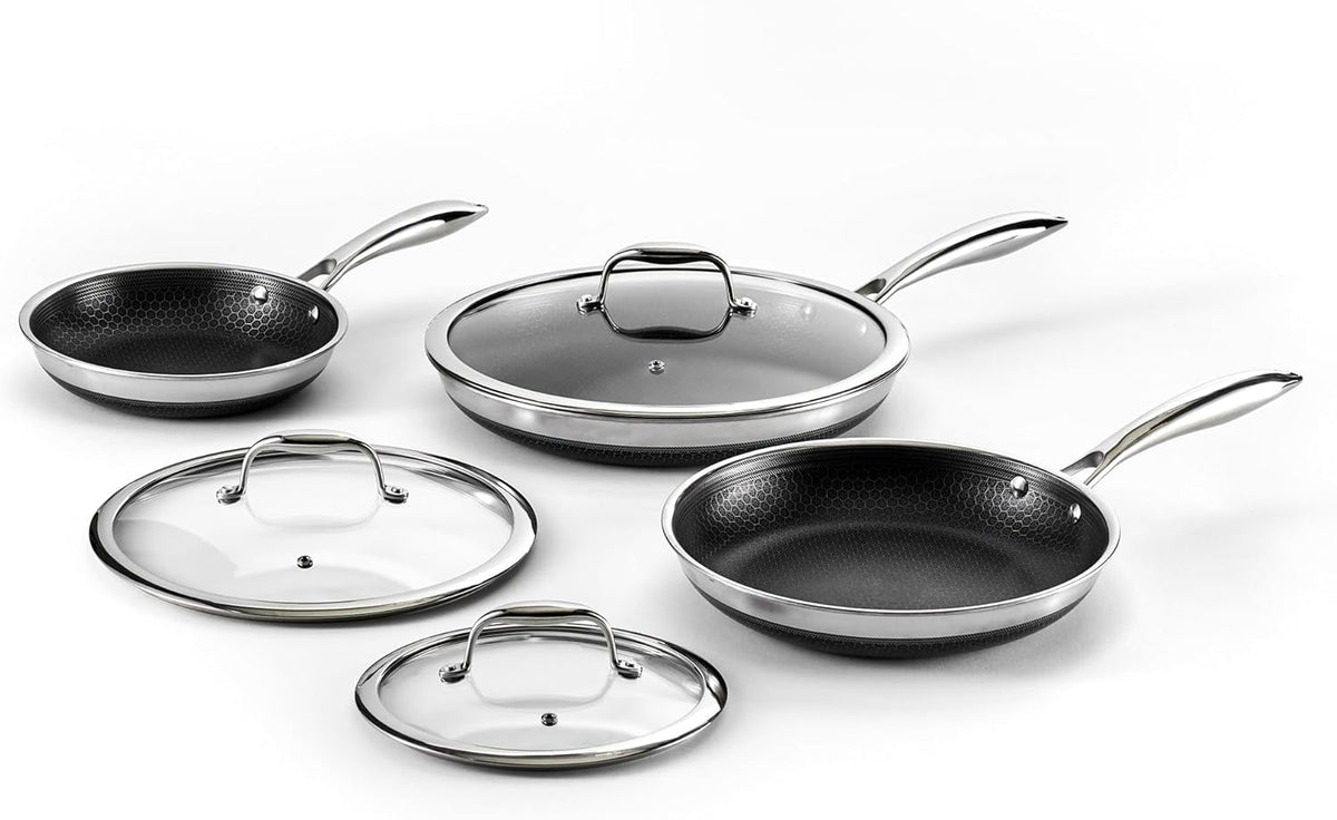 HexClad Hybrid Nonstick 6-Piece Fry Pan Set, 8, 10, and 12-Inch Frying Pans with Tempered Glass Lids, Stay-Cool Handles, Dishwasher-Friendly
