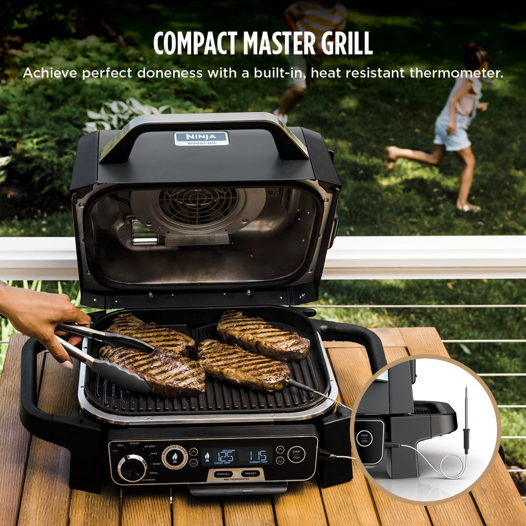 Ninja OG751 Woodfire Pro Outdoor Grill Built-In Thermometer,7-in-1 Master Grill,BBQ Smoker,& Outdoor Air Fryer Plus Bake,Roast,Dehydrate & Broil