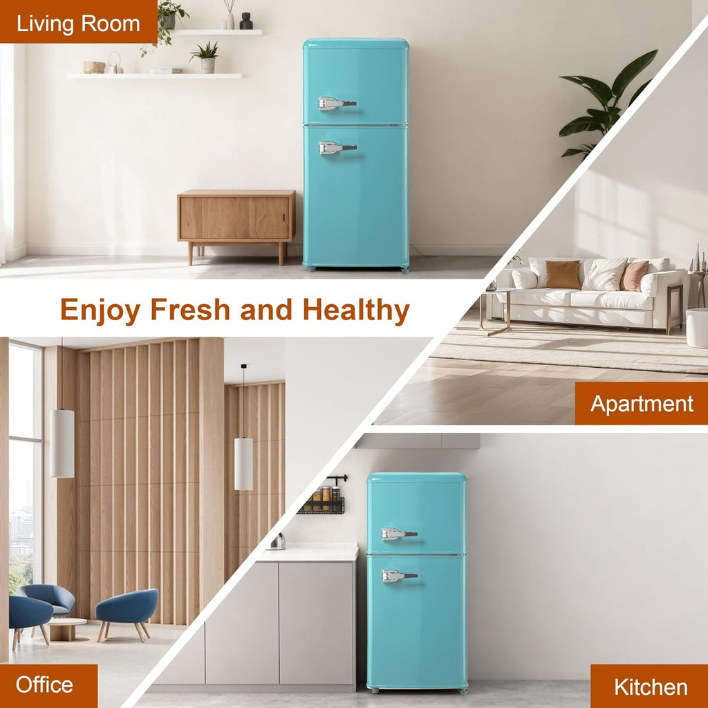 Retro Mini Fridge with Freezer 4.0 Cu. Ft, Small Refrigerator with 7 Level Adjustable Thermostat, Compact Classic Dual Door Fridge Removable Glass