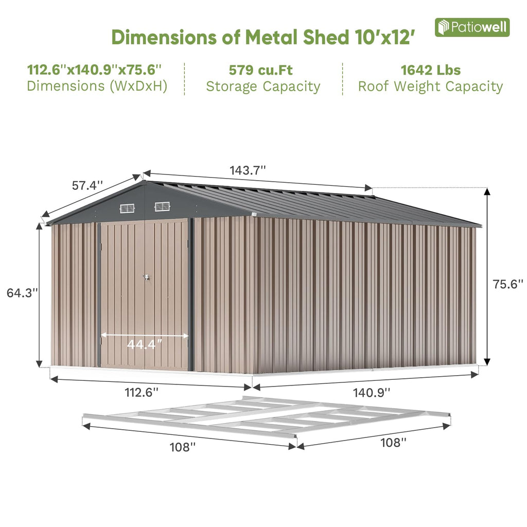 Patiowell 10 x 12 FT Metal Storage Shed for Outdoor, Steel Yard Shed with Design of Lockable Doors, Utility and Tool Storage for Garden, Backyard