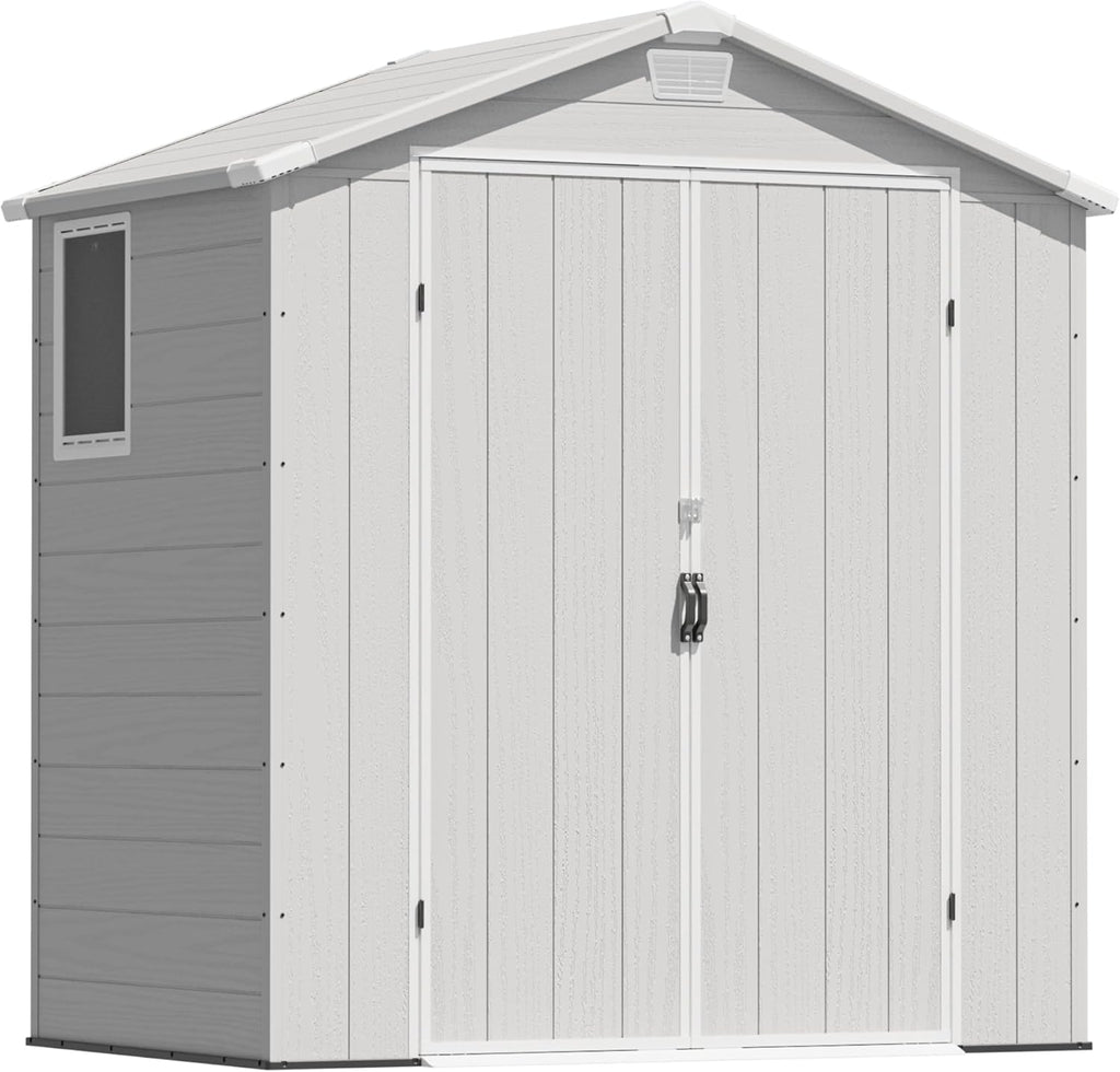Greesum 6x4FT Plastic Outdoor Storage Shed with Floor, Resin Sheds with Lockable Double Door, All-Weather Tool Sheds with Window and Vents, for