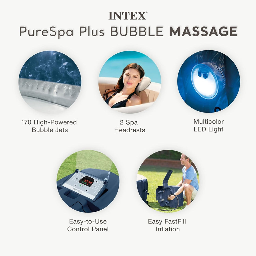 INTEX 28431EP PureSpa Plus Bubble Massage Inflatable Spa Set: Includes Energy Efficient Spa Cover C2 Headrests C LED Light C 6 Person Capacity C 85"