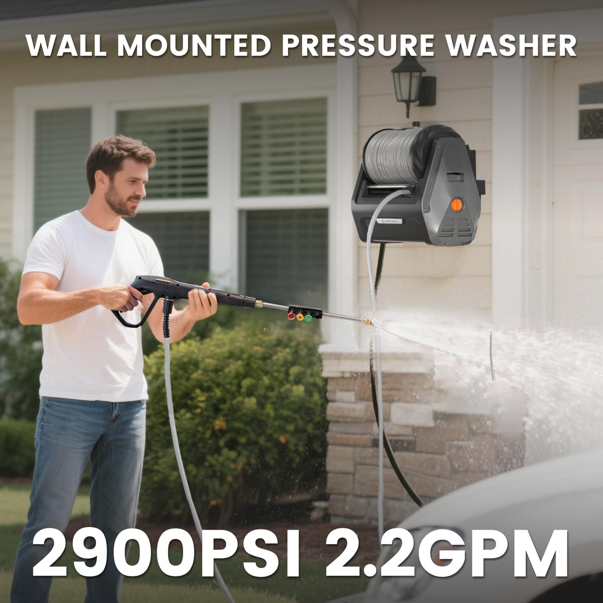 Giraffe Tools Grandfalls Retractable Wall Mount Pressure Washer Plus, Max 2900PSI 2.2 GPM, Electric Power Washer with 100ft Pressure Hose for Car