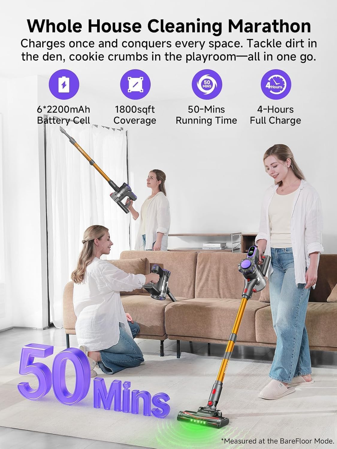 MONSGA Cordless Vacuum Cleaner, 45KPa 400W Stick Vacuum for Home, 50Mins Anti-Tangled Vacuum Cleaner with Charging Dock, Light-Weighted Handheld