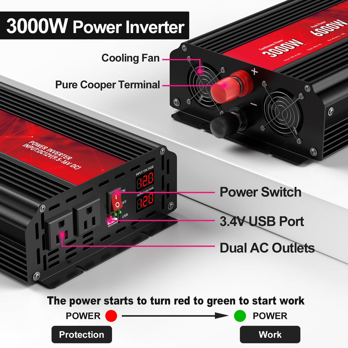 Pure Sine Wave Power Inverter, 3000W 12V DC to 110V/120V AC, Peak 6000W - Remote Control, 4 AC Outlets, Dual USB, LED Display, Terminal Blocks for