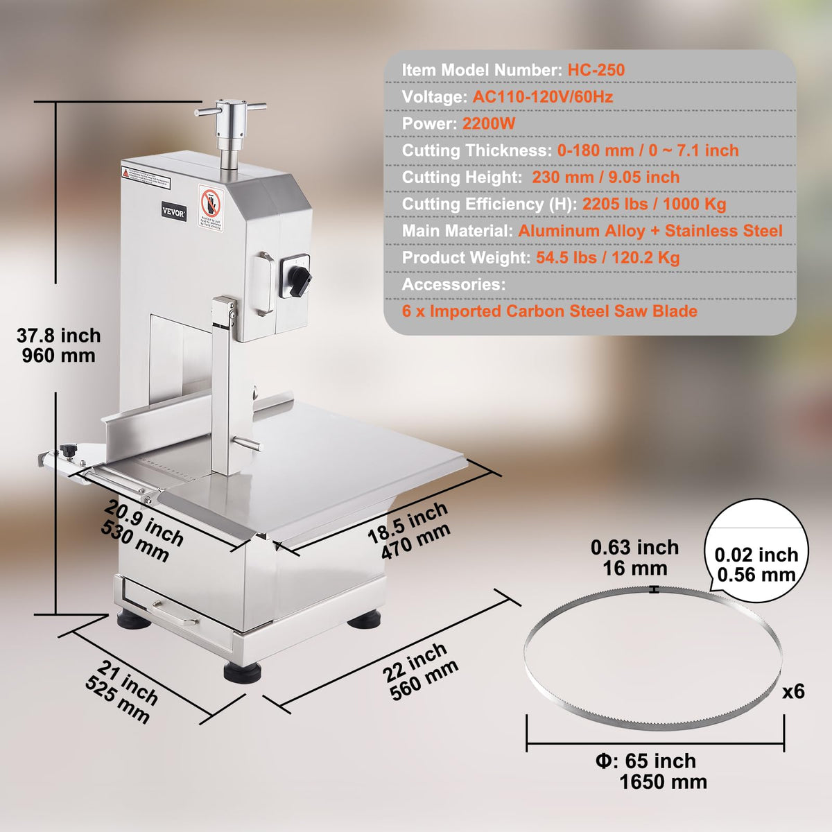 Commercial Electric Meat Bandsaw, 1500W Stainless Steel Countertop Bone Sawing Machine, Workbeach 19.3" x 15", 0.16-7.9 Inch Cutting Thickness