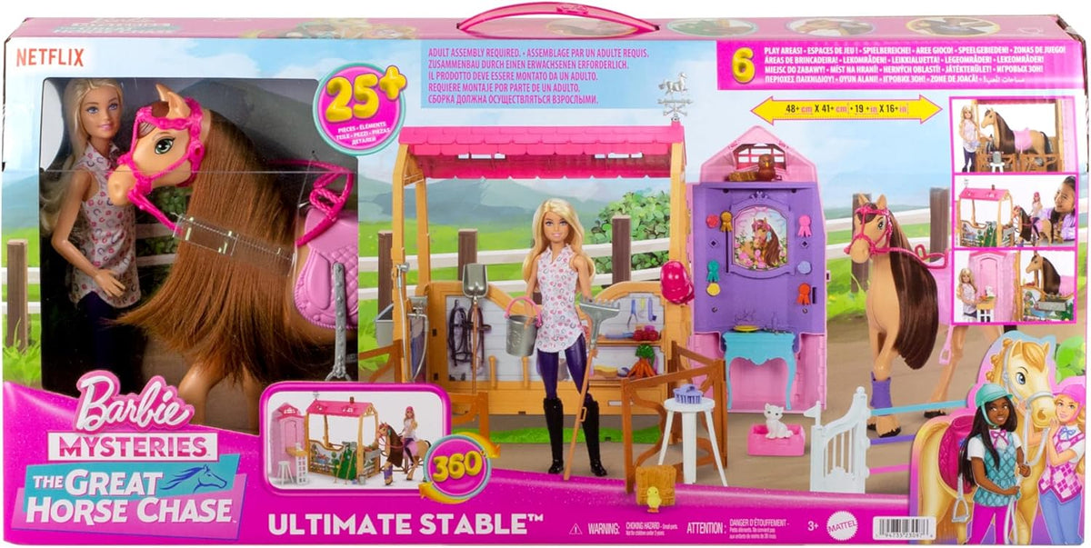 Barbie - Playset Stable Doll and Horse - 6 Play Areas & 25 Accessories Included - Inspired by Netflix Barbie Mysteries: The Great Horse Chase Kids