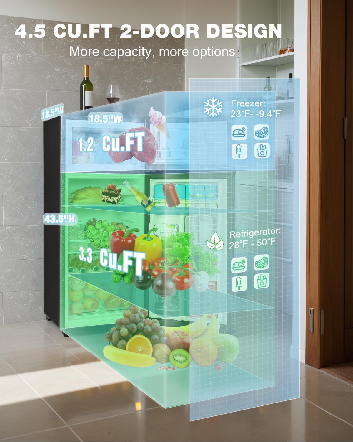 Double Door Refrigerator with Freezer, 3.5 Cu.Ft, Small Fridge with Freezer, 7 Settings Temperature Adjustable, Mini Refrigerator for Office Dorm