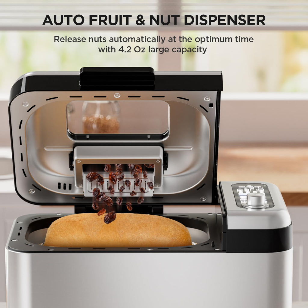 Neretva Bread Maker, 3.3LB Larger Bread Machine 15-in-1 Stainless Steel & Nonstick Ceramic Pan & Auto Nut Dispenser Breadmaker Machines Full Touch