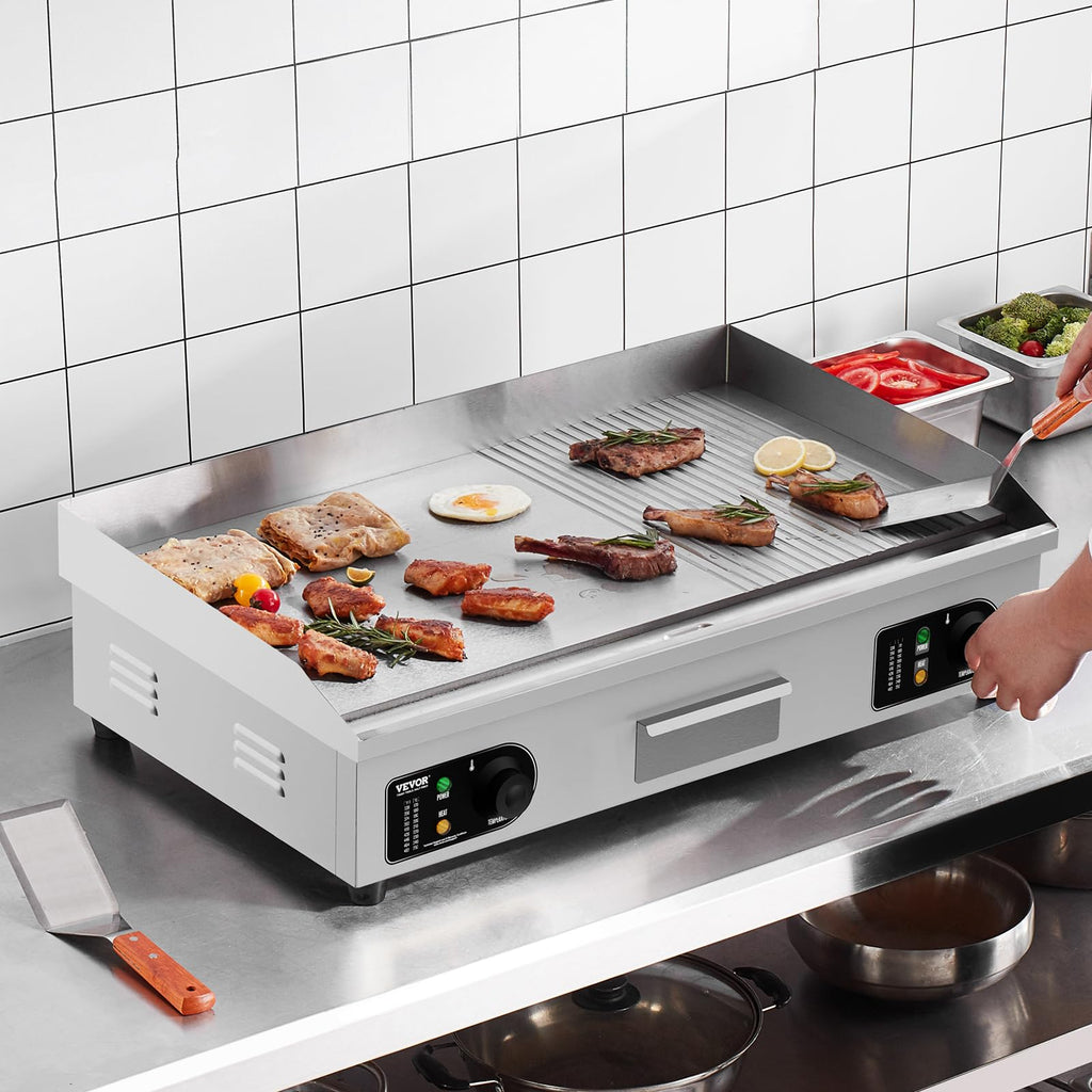 VEVOR Upgraded Commercial Electric Griddle, 2800W Stainless Steel Countertop Flat Top Grill, 26'' Griddle Grill with 2 Shovels and 2 Brushes, 122H