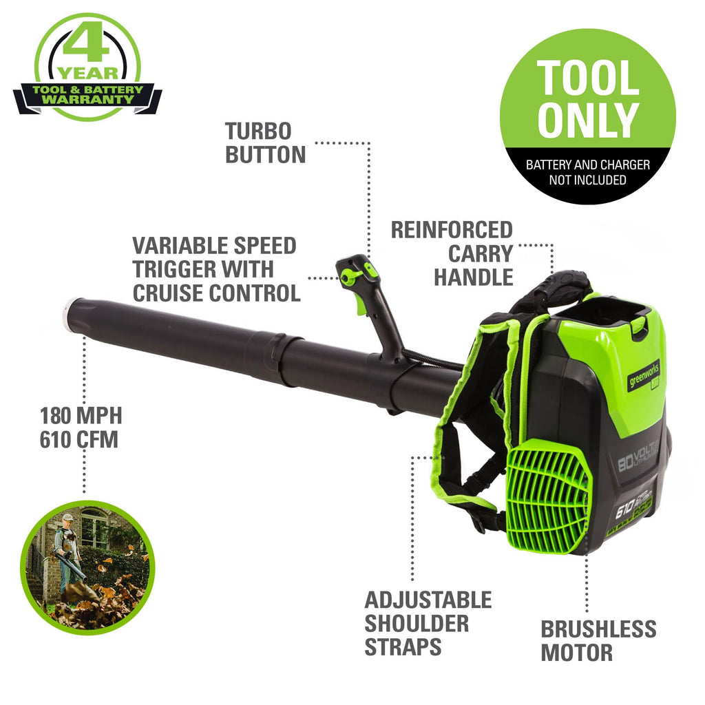 Greenworks 80V (750 CFM) Backpack Blower, 4.0Ah Battery and 4A Charger