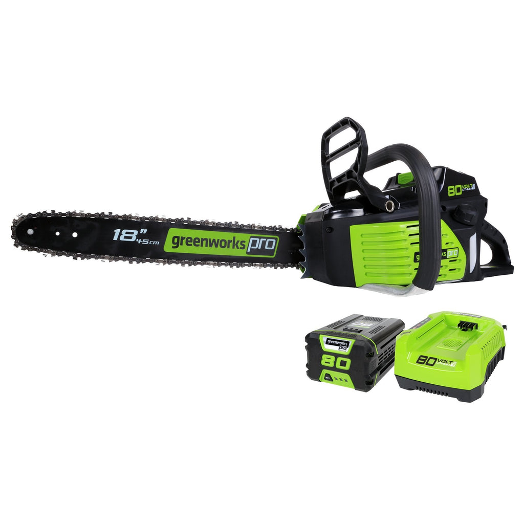 Greenworks 80V 18" Brushless Cordless Chainsaw (Great For Tree Felling, Limbing, Pruning, and Firewood) / 75+ Compatible Tools), 2.0Ah Battery and