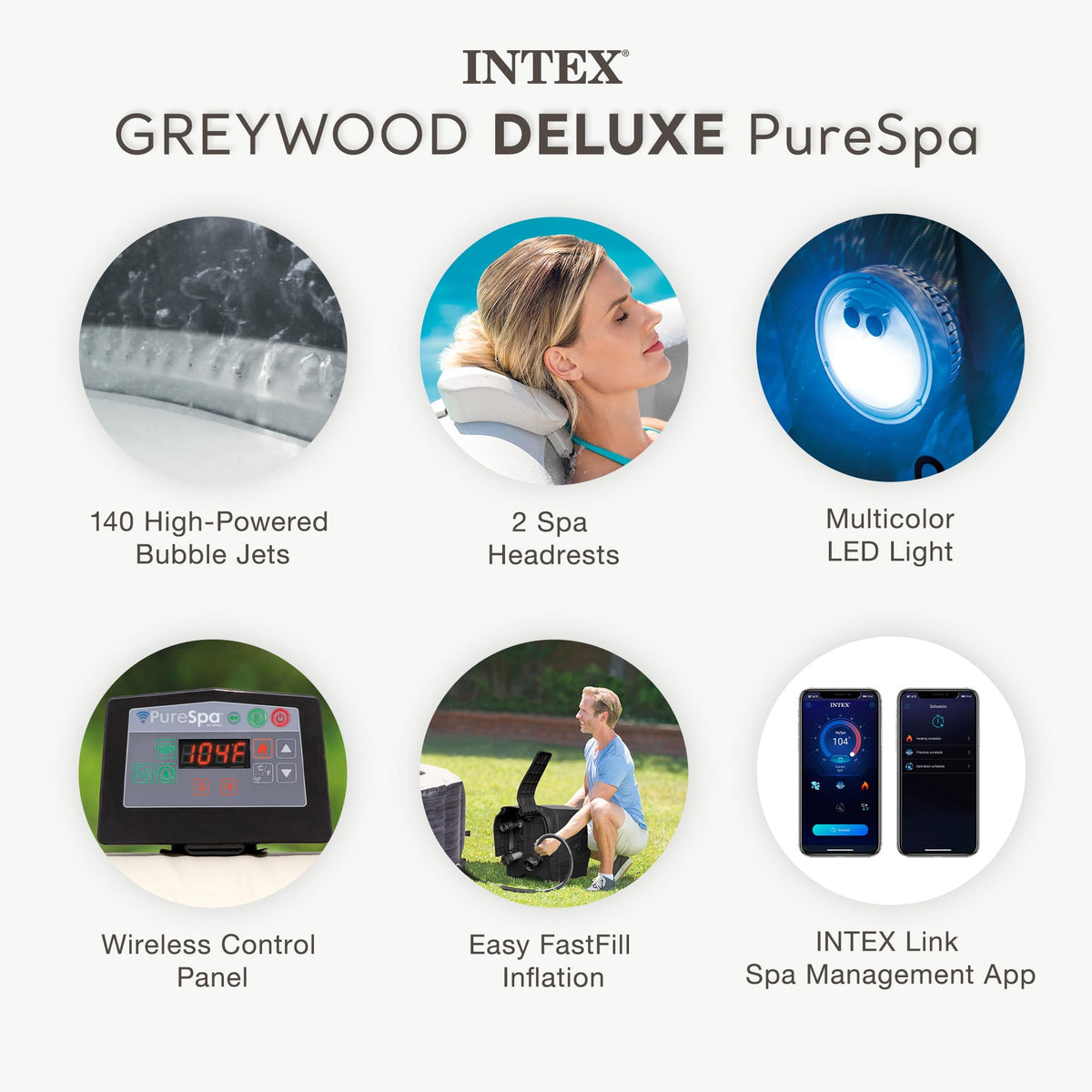 INTEX 28439EP PureSpa Greywood Deluxe Inflatable Spa Set: Includes Energy Efficient Cover C Spa Control App C Wireless Control Panel C 4 Person