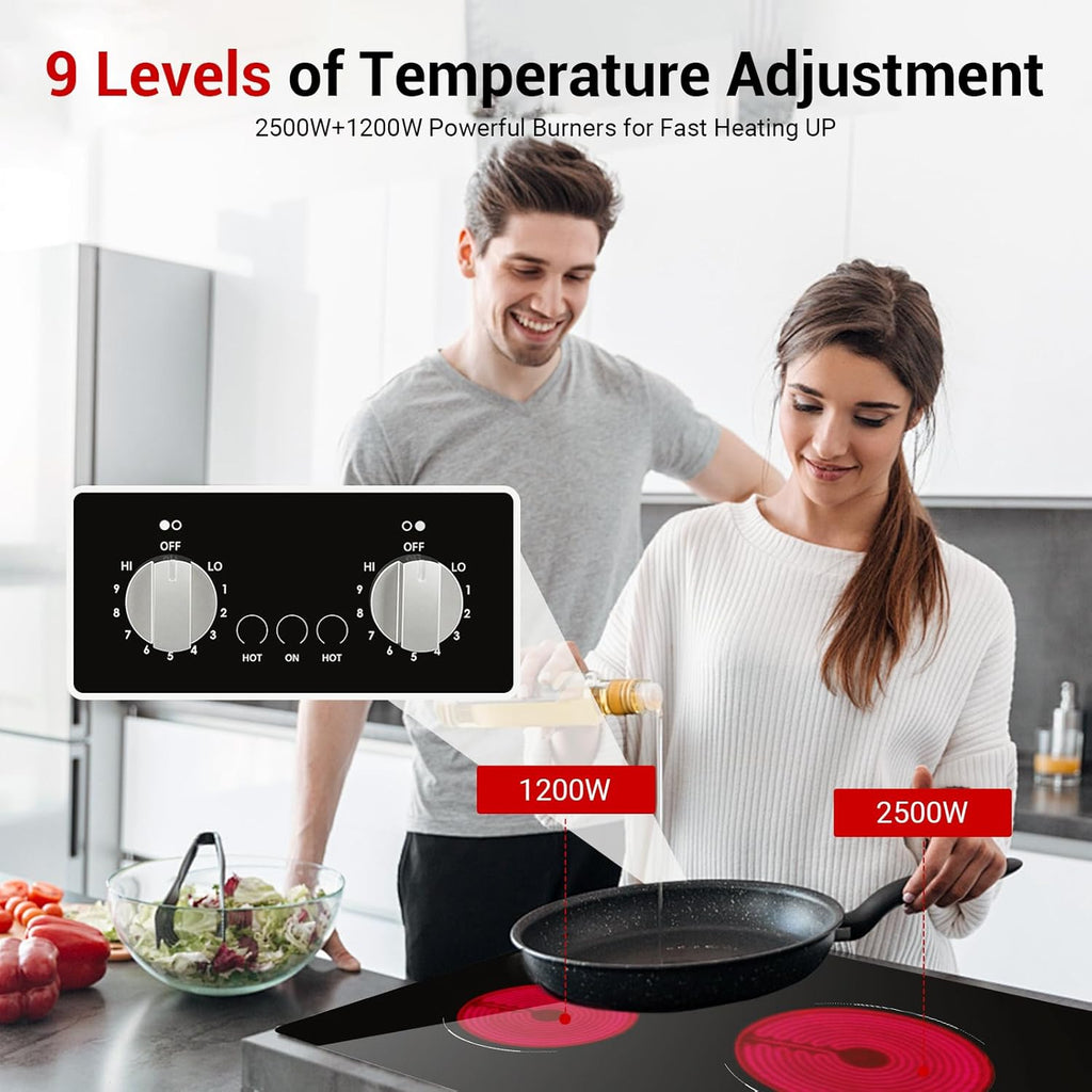 Electric Cooktop 2 Burner, 21 Inch Double Electric Stove Top Mechanical Knob Control Built-in 3700W Large Ceramic Stove Top, 9 Heating Level, 220