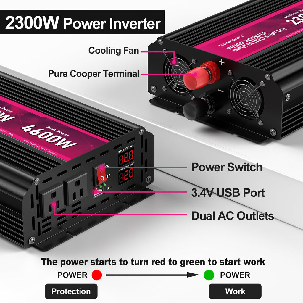 Pure Sine Wave Power Inverter, 3000W 12V DC to 110V/120V AC, Peak 6000W - Remote Control, 4 AC Outlets, Dual USB, LED Display, Terminal Blocks for