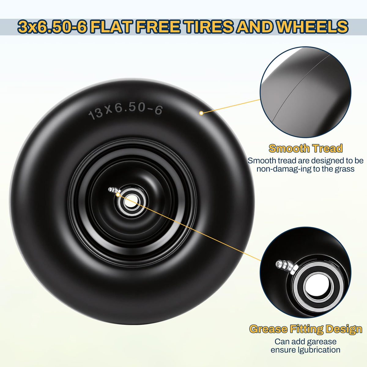 15x6.00-6 Flat Free Lawn Mower Tire and Wheel, 15x6-6 Front Tire Assembly
