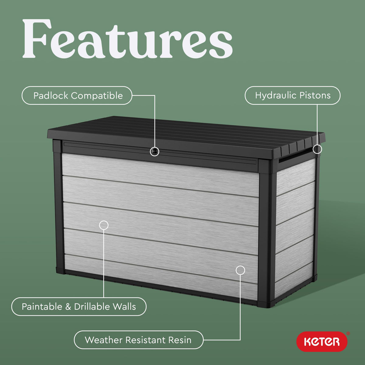 Keter Denali 200 Gallon Resin Large Deck Box with Double Wall 20mm Panels - Paintable and Drillable-Organization and Storage for Patio Furniture and