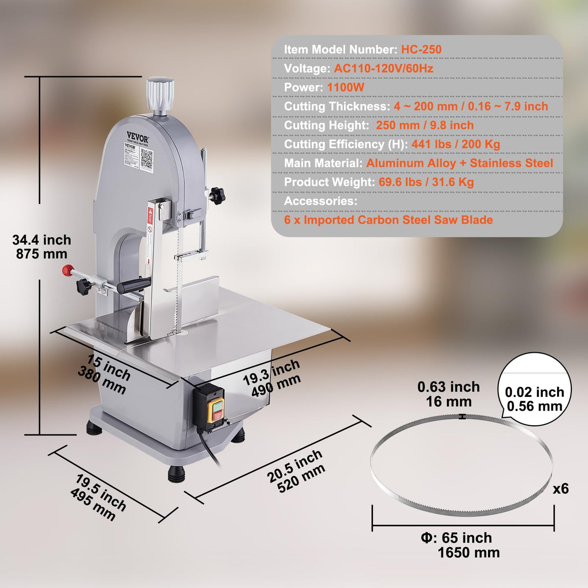Commercial Electric Meat Bandsaw, 1500W Stainless Steel Countertop Bone Sawing Machine, Workbeach 19.3" x 15", 0.16-7.9 Inch Cutting Thickness