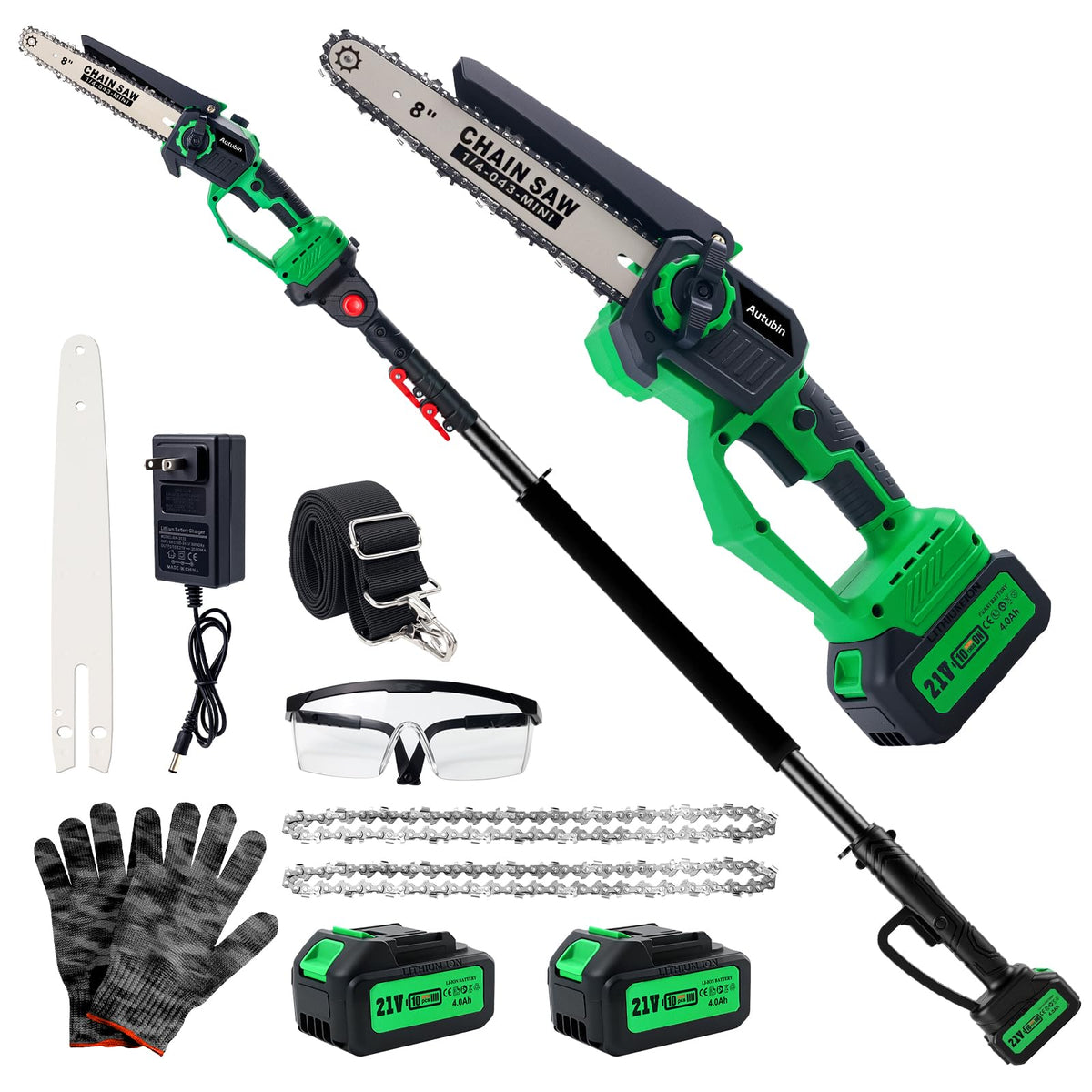 2-in-1 Cordless Pole Saw & 8'' Mini Chainsaw,Forest Ranger Approved Electric Handheld Chain Saw with 2 21V 4.0Ah Rechargeable Batterie&Charger, Auto