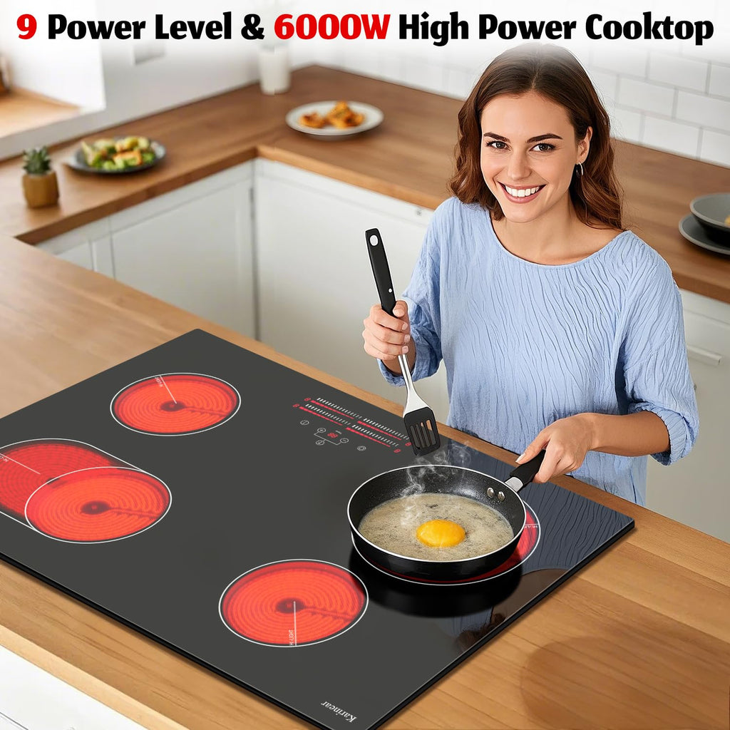 Karinear Electric Cooktop 30 Inch, 5 Burners Electric Stove 30 Inch Electri Ceramic Cooktop, 9 Power Level, Pause, Timer, Child Safety Lock, Triple