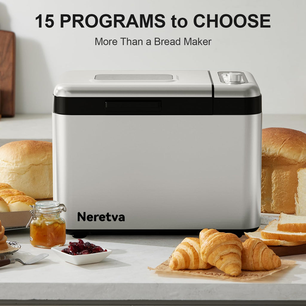 Neretva Bread Maker, 3.3LB Larger Bread Machine 15-in-1 Stainless Steel & Nonstick Ceramic Pan & Auto Nut Dispenser Breadmaker Machines Full Touch