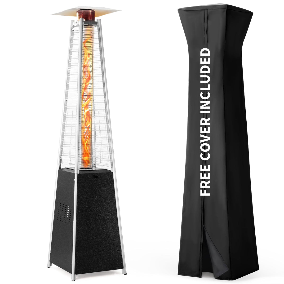 PAMAPIC Patio Heater, 42,000 BTU Quartz Glass Tube Brown Tower Propane Outdoor Heater with Cover