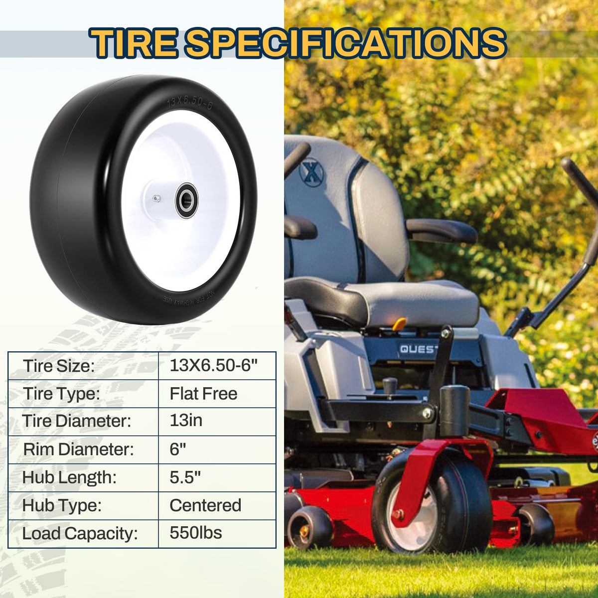 15x6.00-6 Flat Free Lawn Mower Tire and Wheel, 15x6-6 Front Tire Assembly