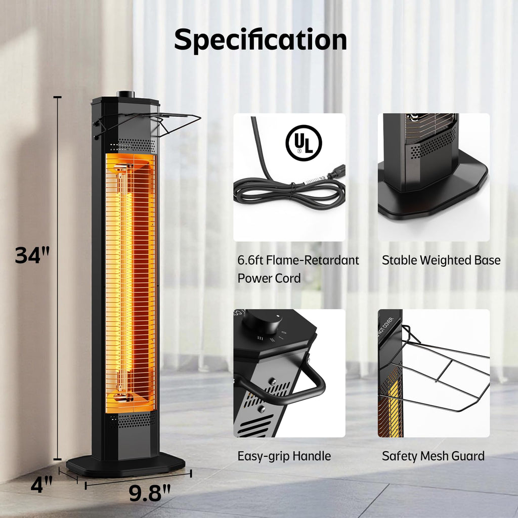 Outdoor Electric Patio Heater, 42-inch 1500W Infrared Tower Heater with 9 Heat Settings & 9H Timer, IPX5 Waterproof, Safety Lock, Tip-Over & Overheat