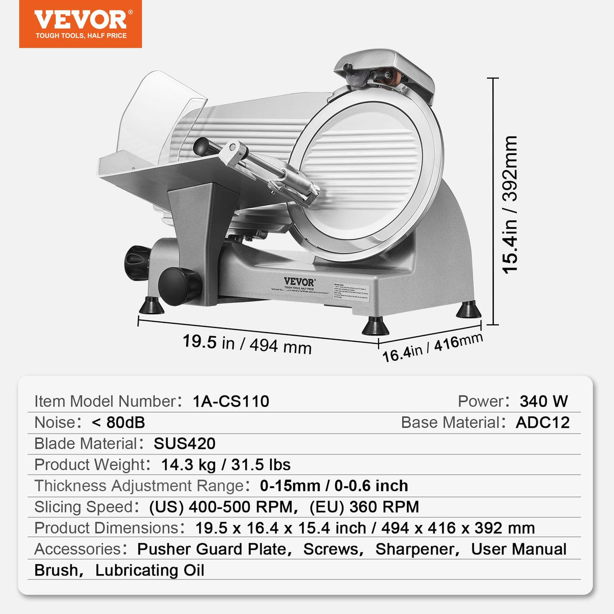 VEVOR Commercial Meat Slicer, 10 inch Electric Food Slicer, 240W Frozen Meat Deli Slicer, Premium Chromium-plated Steel Blade Semi-Auto Meat Slicer