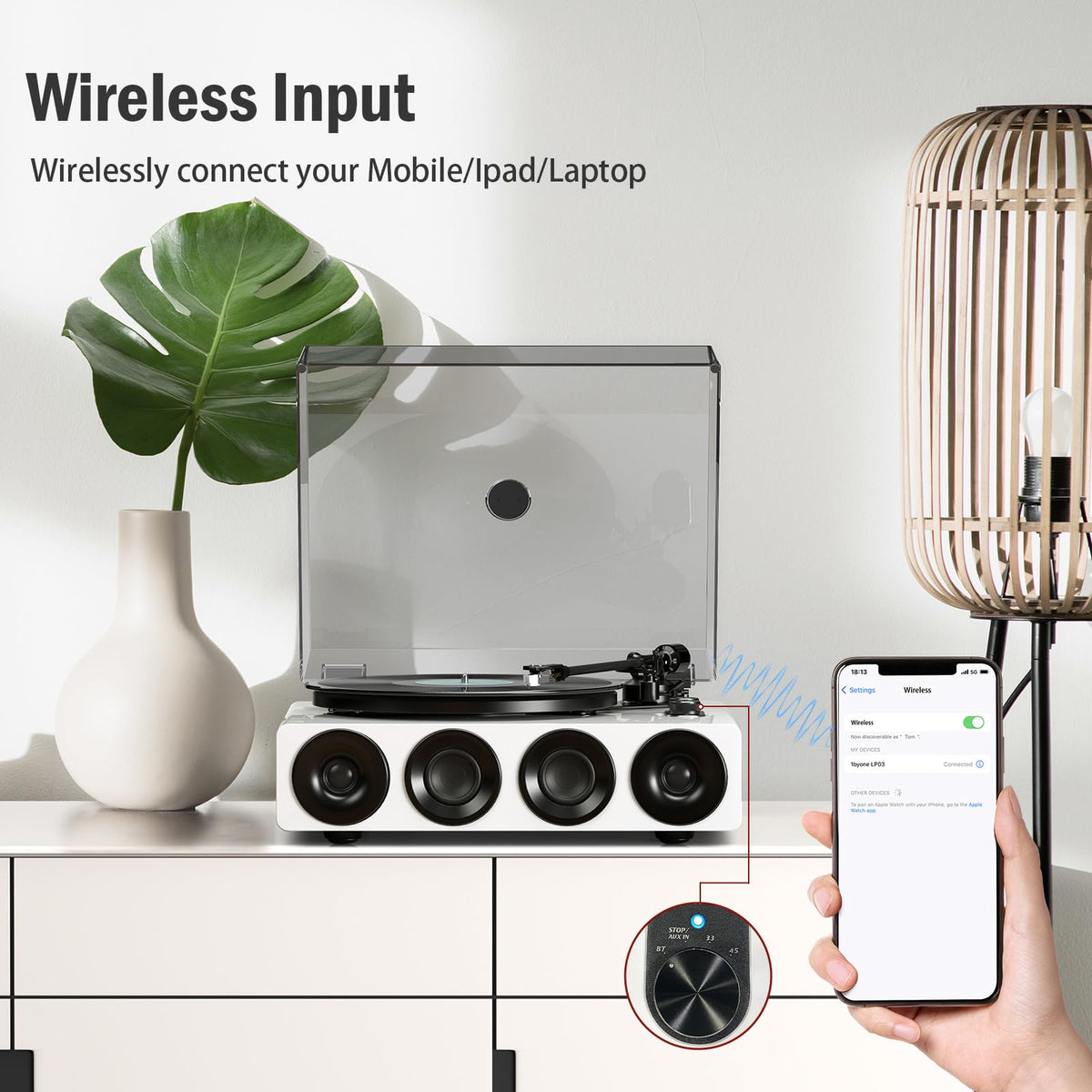 1 by ONE High Fidelity Belt Drive Turntable with Built-in Speakers, Vinyl Record Player with Magnetic Cartridge, Bluetooth Playback and Aux-in