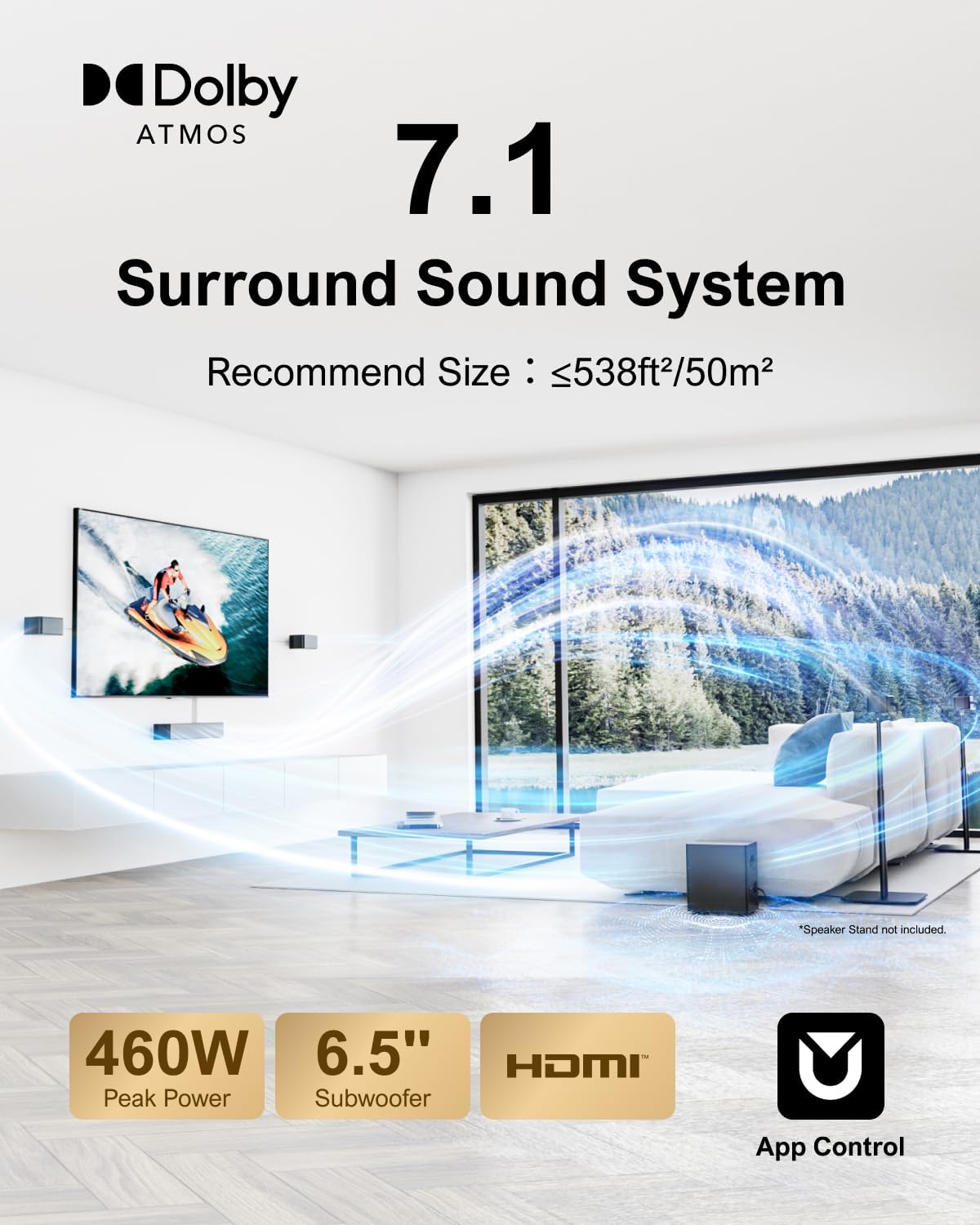 ULTIMEA 7.1Ch Soundbar with Dolby Atmos, APP Control, Surround Sound System for TV, 4 Wired Surround Speakers, Sound Bar for TV with 6.5" Wireless