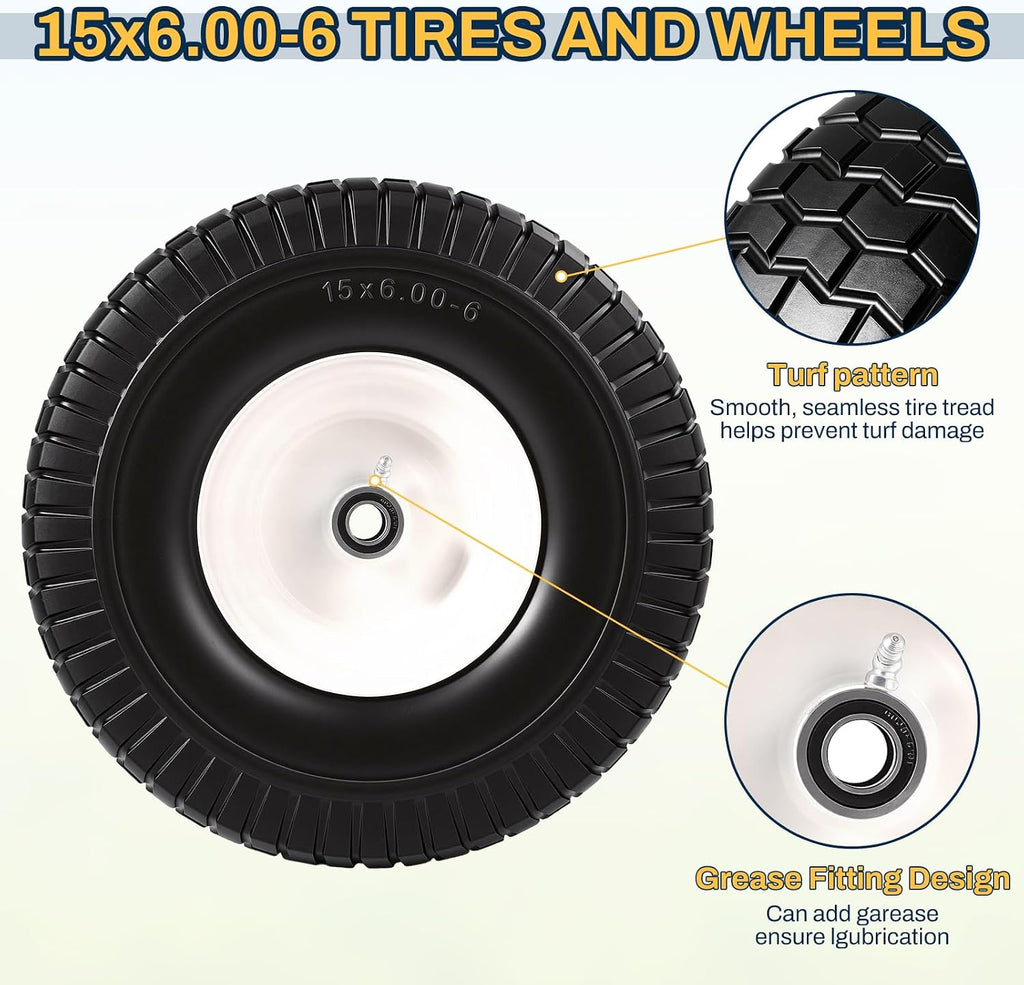 15x6.00-6 Flat Free Lawn Mower Tire and Wheel, 15x6-6 Front Tire Assembly