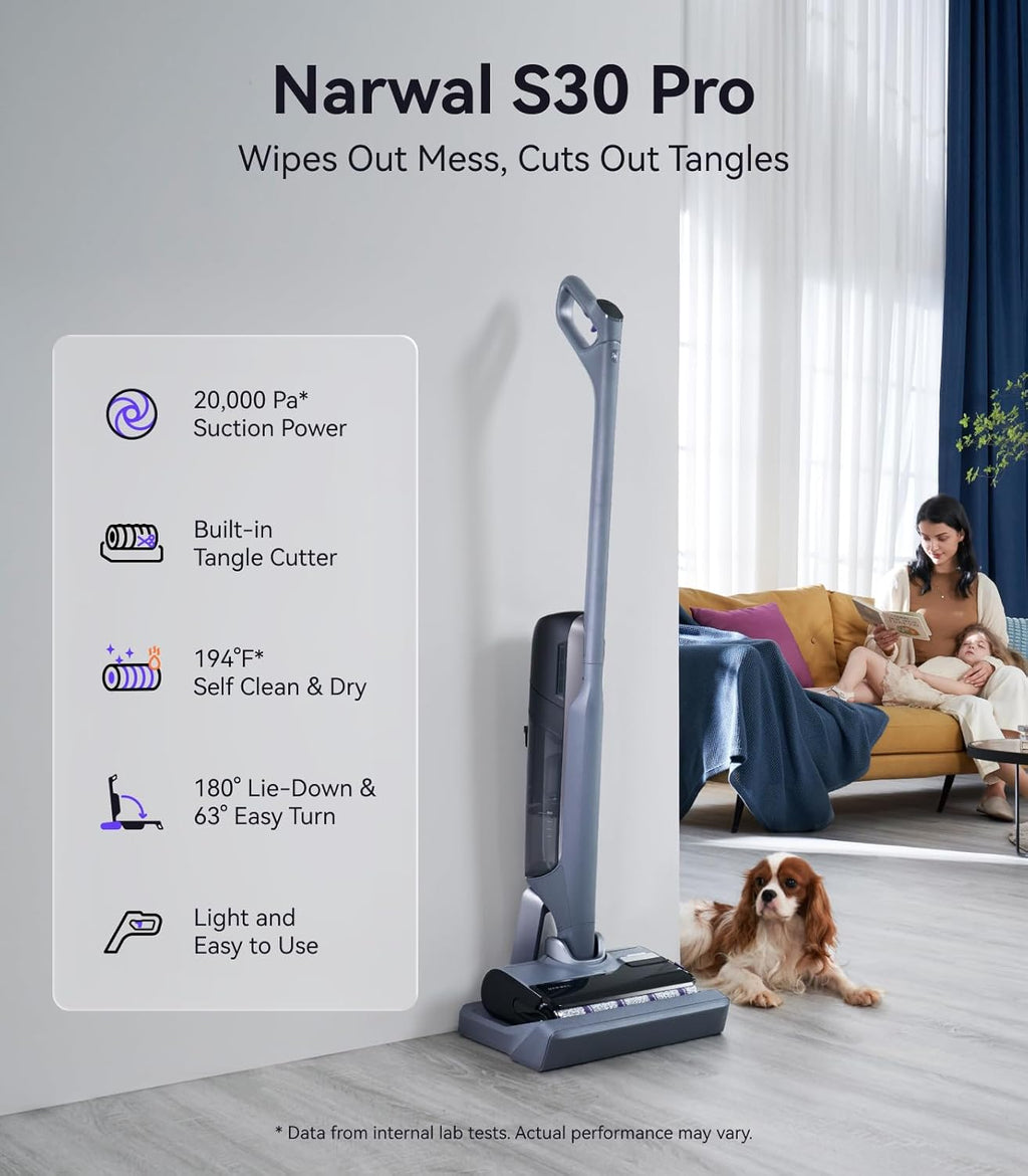 NARWAL S30 Pro Wet Dry Vacuum Cleaner with 20000Pa Suction, Cordless Vacuum Mop for Hard Floors, Tangle-Free Hair-Cutting, 180 Lie Flat, 194F Self