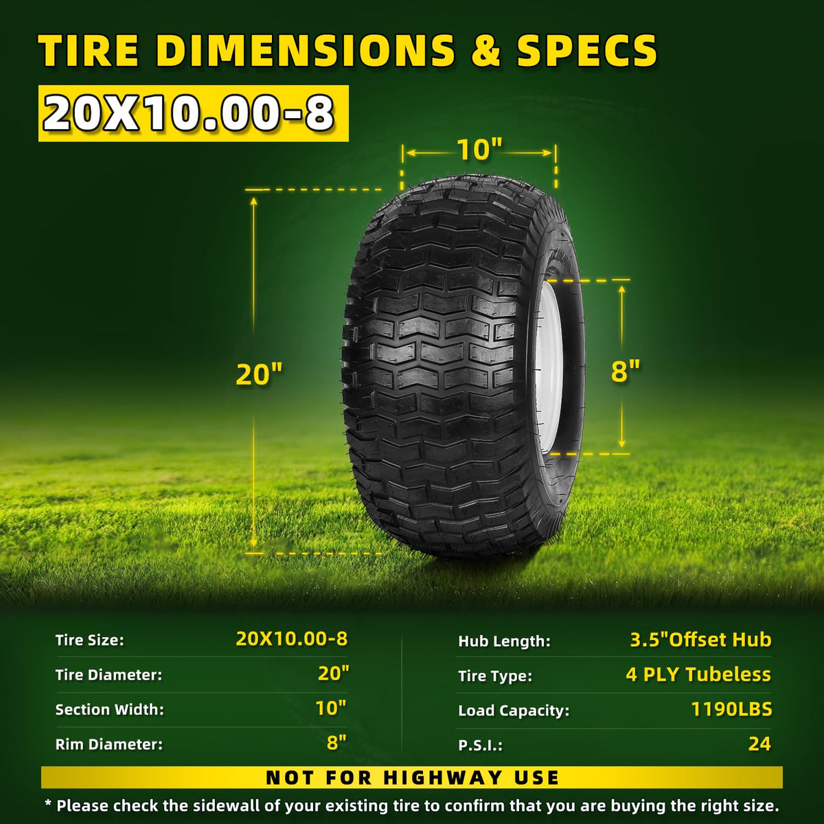 (2 Pack) 20x8.00-8 Tubeless Rear Riding Mowers Tire and Wheel Assemblies