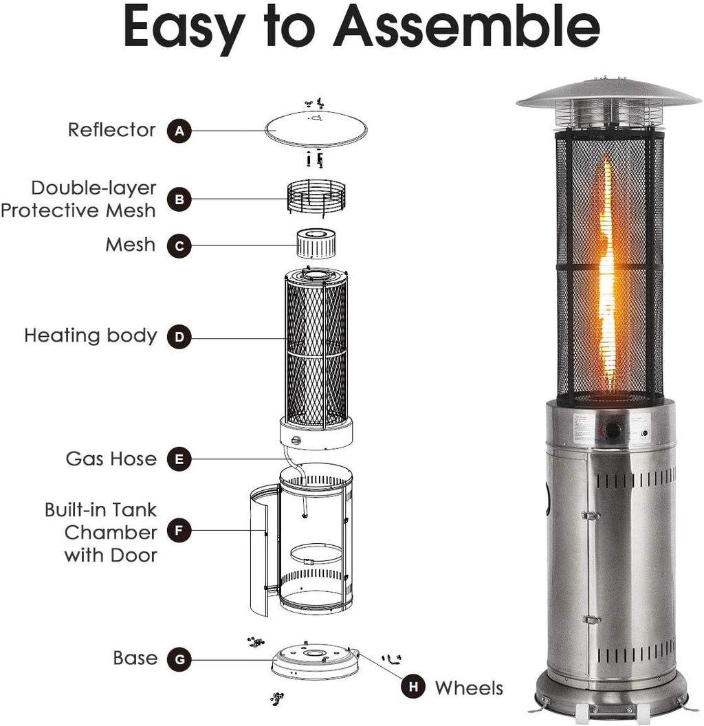 Happygrill Patio Heater, Outdoor Round Space Heater with Adjustable Heat, Wheels & True Flame, 40000 BTU Stainless Steel Patio Propane Heater