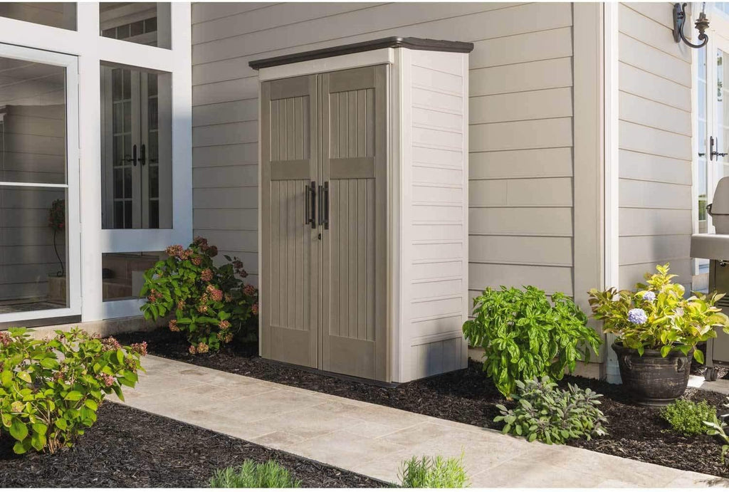 Rubbermaid Vertical Resin Outdoor Storage Shed With Floor (4 x 2.5 Ft) Weather Resistant Beige/Brown Organization for Home/Backyard/Pool Chemicals