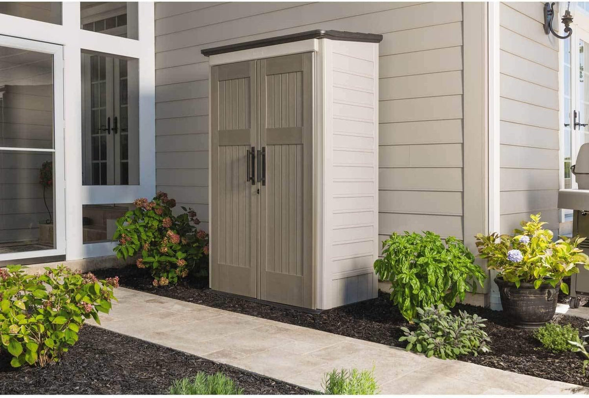 Rubbermaid Vertical Resin Outdoor Storage Shed With Floor (4 x 2.5 Ft) Weather Resistant Beige/Brown Organization for Home/Backyard/Pool Chemicals