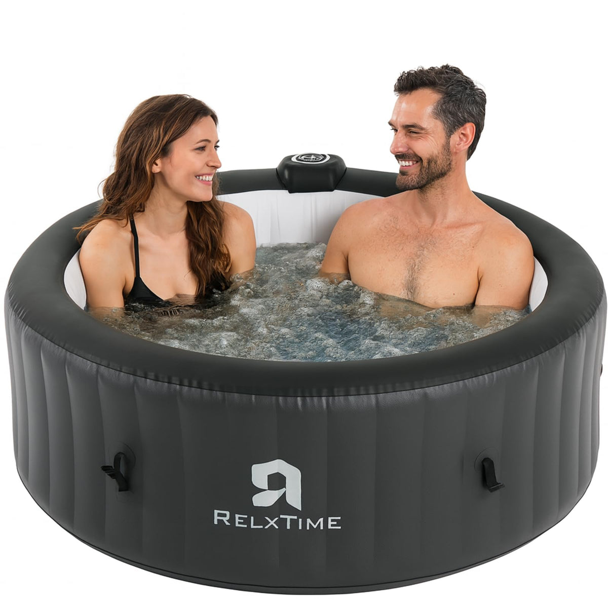 Inflatable Hot Tub Spa 2-4 Person 110 Air Jets, Portable Blow Up Hottub with Cover, Built in Heater Pump, Round Outdoor Spa, Cup Holder, 2 Filters