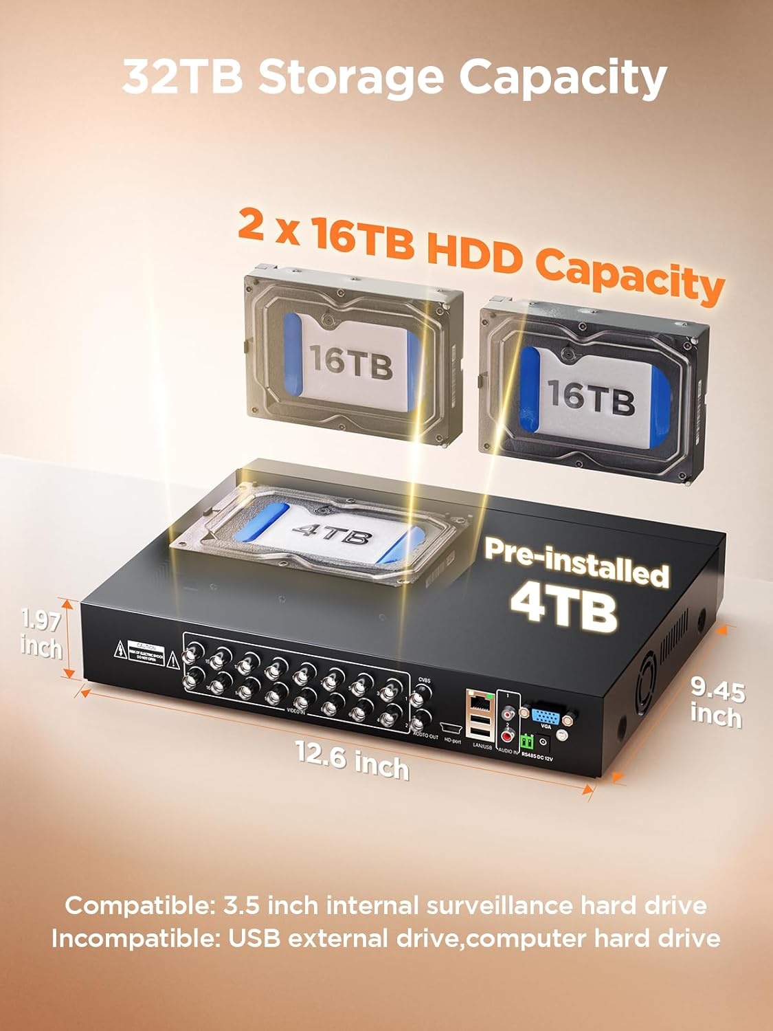 TIGERSECU Ultra HD 5MP 16 + 16 Channel Hybrid Security DVR/NVR with 4TB Hard Drive, Expandable to 32 Cameras, 6-in-1 Home Surveillance Recorder for