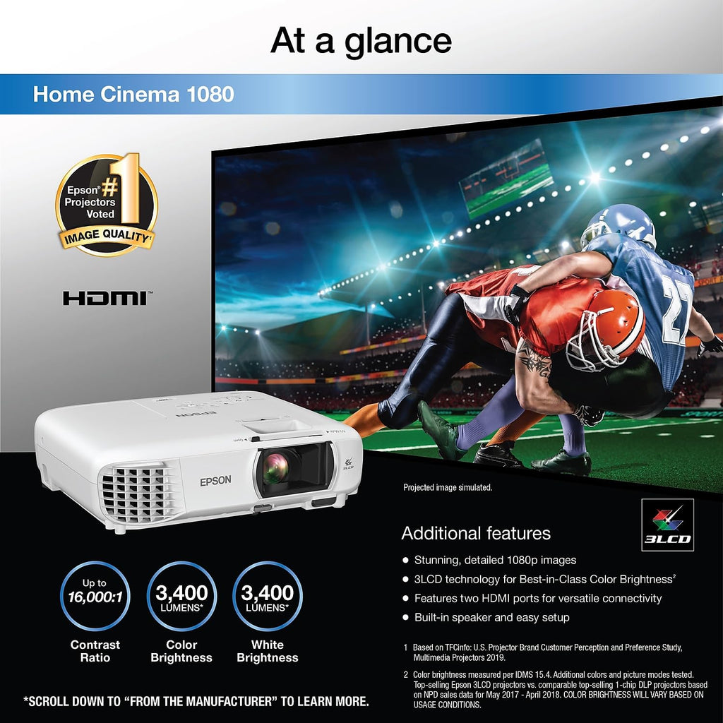 Epson Home Cinema 980 3-Chip 3LCD 1080p Projector, 4,000 Lumens Color and White Brightness, Streaming/Gaming/Home Theater, Built-In Speaker, Auto