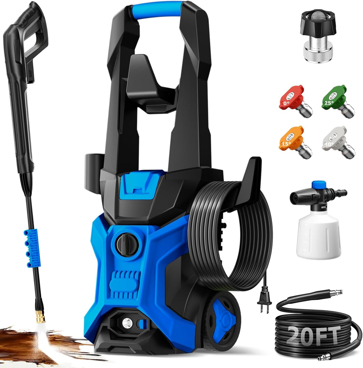 Power washers for Home, 4 Quick-Connect Nozzles & Adjustable Soap Tank Washers for Cars, Driveways, Patios, Fences, Home Cleaning (Blue)