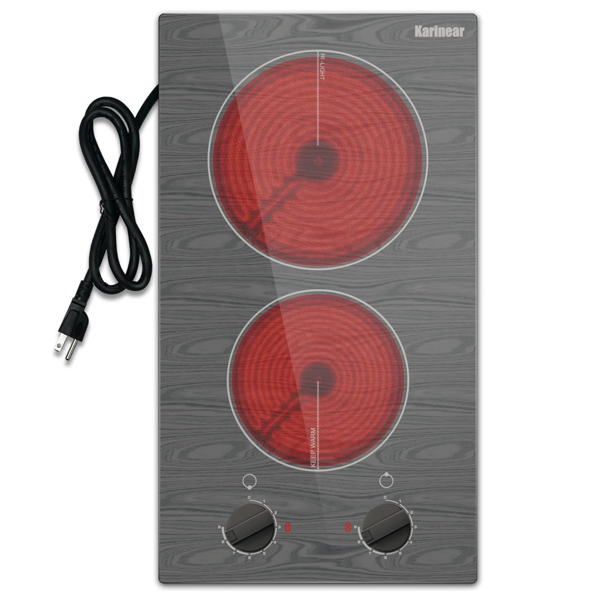 Karinear Electric Cooktop 24 Inch, 4 Burners Electric Stove Knob Control, Built-in Ceramic Cooktop with Beautiful Woodgrain Pattern Glass Surface