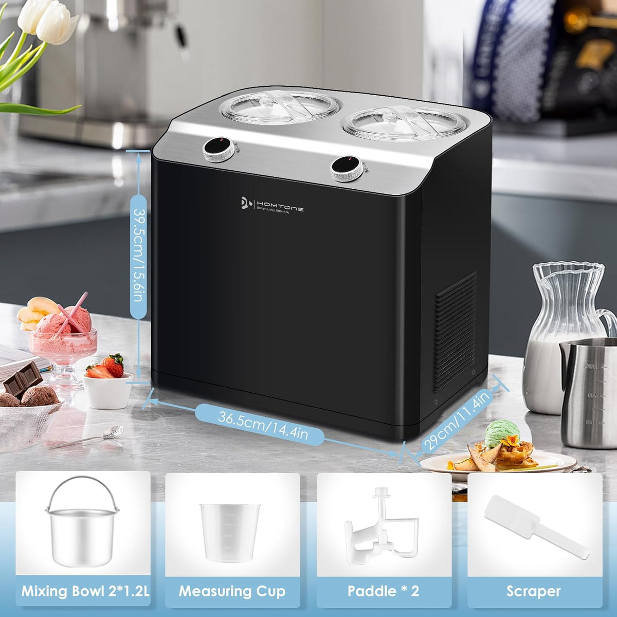 Homtone 2 Flavor Ice Cream Maker, 2.6QT (2 x 1.3qt) Compressor Largest Capacity & Fast Freezing Ice Cream Machine with 2 Bowls, Easy Operate & Clean