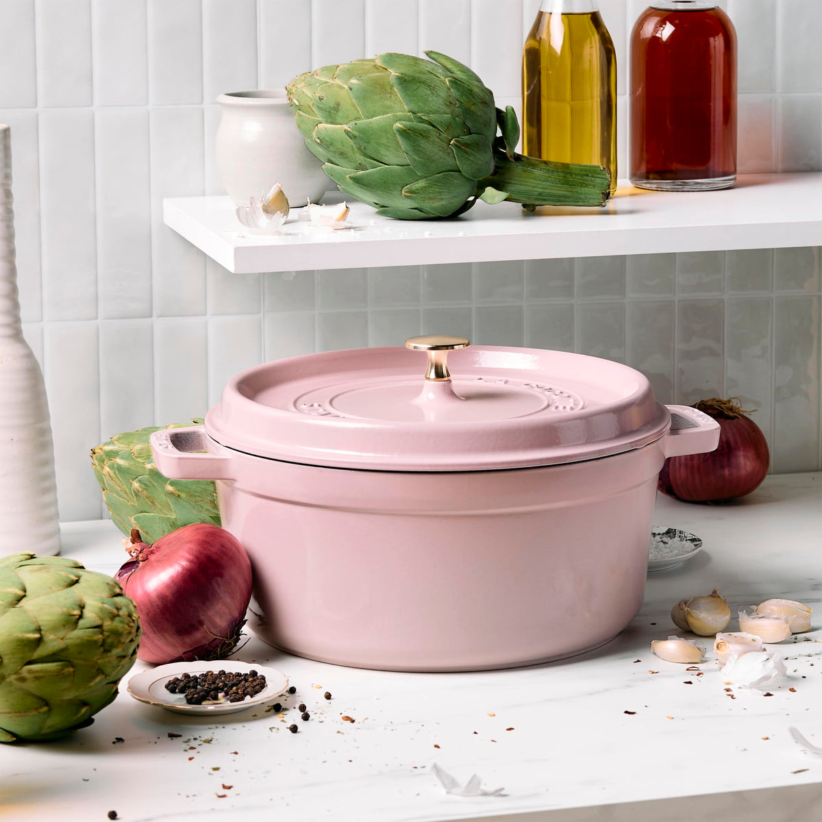Staub Cast Iron 7-qt Round Cocotte - White Truffle, Made in France