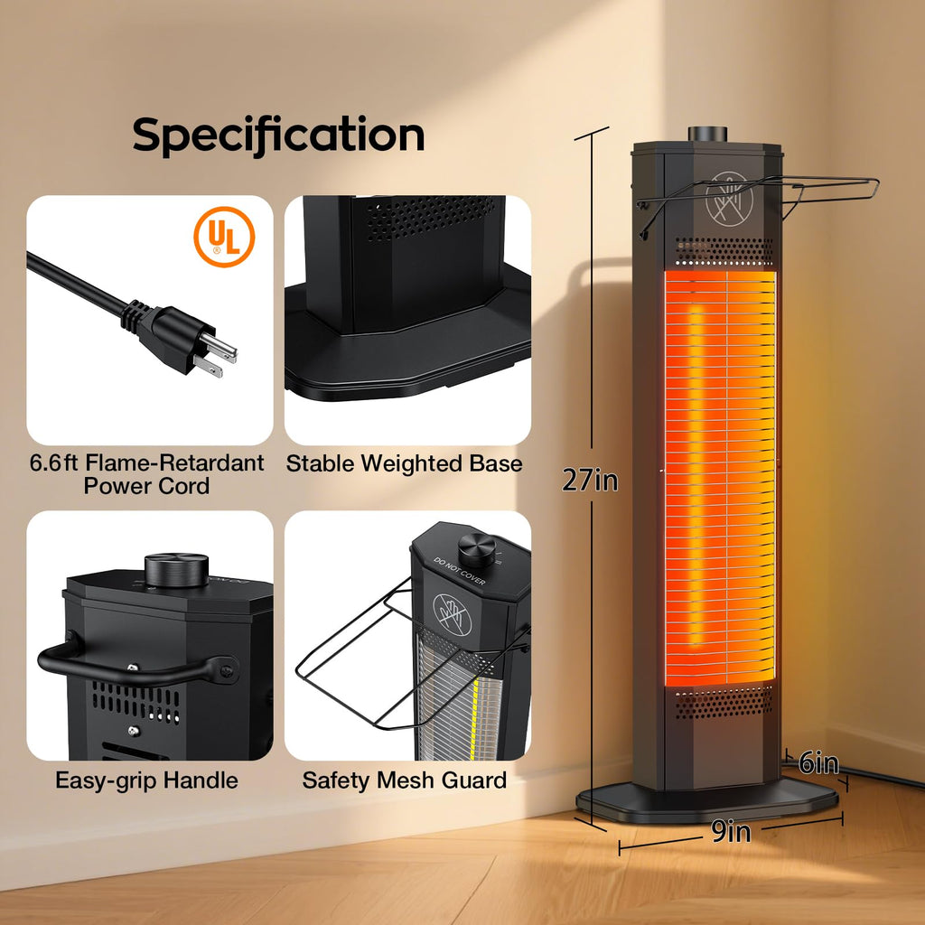 Outdoor Electric Patio Heater, 42-inch 1500W Infrared Tower Heater with 9 Heat Settings & 9H Timer, IPX5 Waterproof, Safety Lock, Tip-Over & Overheat