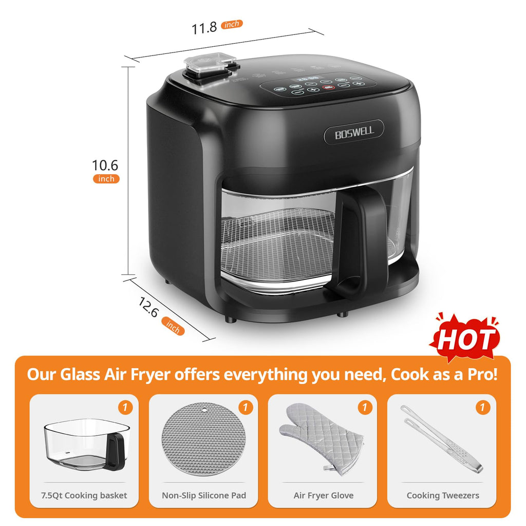 BOSWELL Glass Air Fryer, 7.5QT Borosilicate Bowl with Circulating Heat, Digital Touchscreen, 400F Max Temp, Oil-Free Fryer with Mist Function