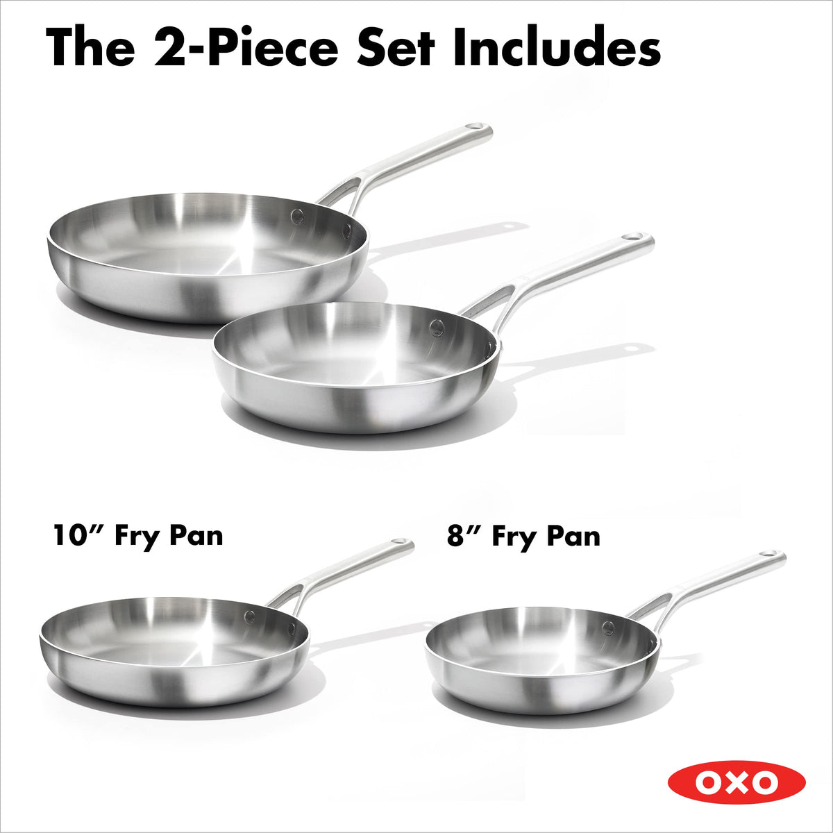 OXO Mira Tri-ply Stainless Steel, 10 Piece Cookware Pots and Pans Set, Skillets, Saute, Saucepans, Lids,Incl Ceramic Nonstick Frying Pan,Induction