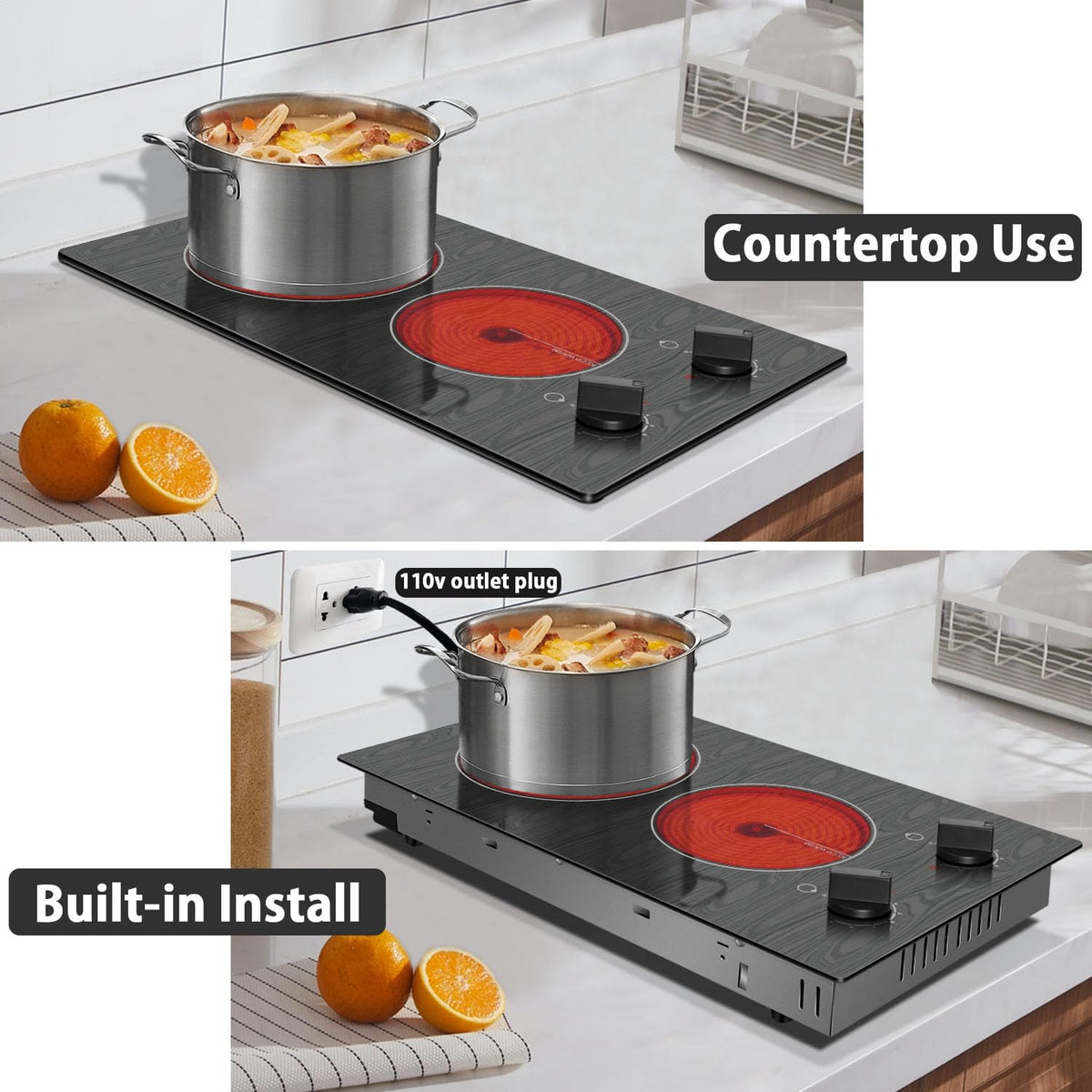 Karinear Electric Cooktop 24 Inch, 4 Burners Electric Stove Knob Control, Built-in Ceramic Cooktop with Beautiful Woodgrain Pattern Glass Surface