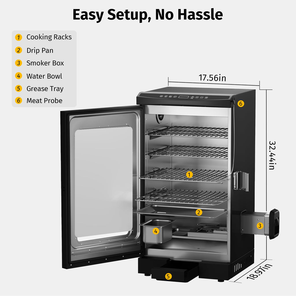 EAST OAK 30-inch Electric Smoker, Outdoor Smoker with Convenient Side Wood Chip Loader, 725 Sq Inches of Cooking, Digital Control and 4 Removable