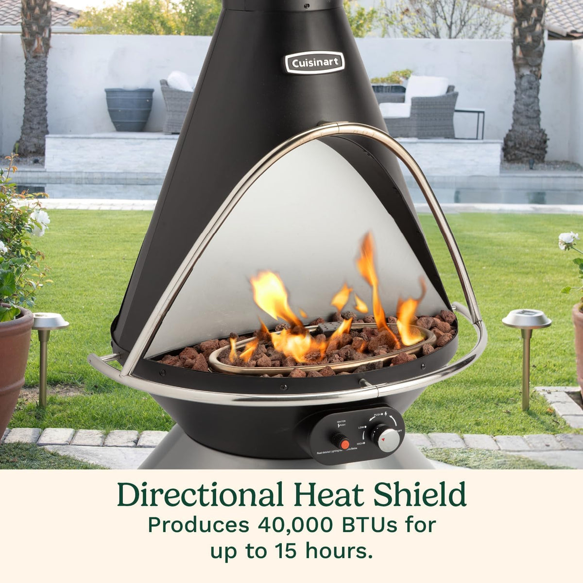 Cuisinart Chimenea Propane Fire Pit, 40,000 BTU Adjustable Gas Fire Pit for Patios, Includes Lava Rocks, Directional Heat Shield and Push to Start